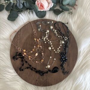 Mixed Women’s Fashion Necklaces in Black, Gold, and Pearl